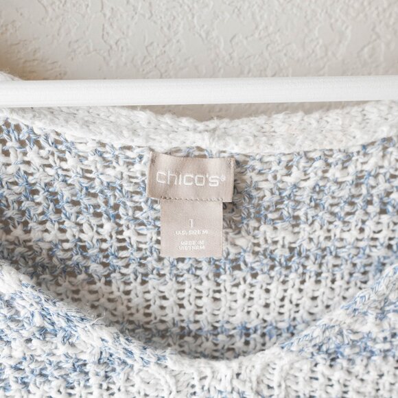 Chico’s Women’s Size1 Medium Linen Blend Striped Tape Yarn V-Neck Knit Pullover - Picture 3 of 7